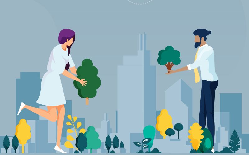 Illustrated image of people planting trees in a city