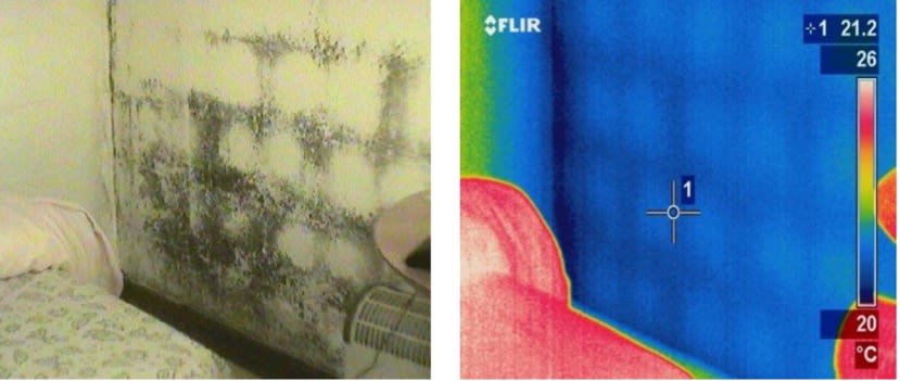 Infrared thermal image of damp affected wall 