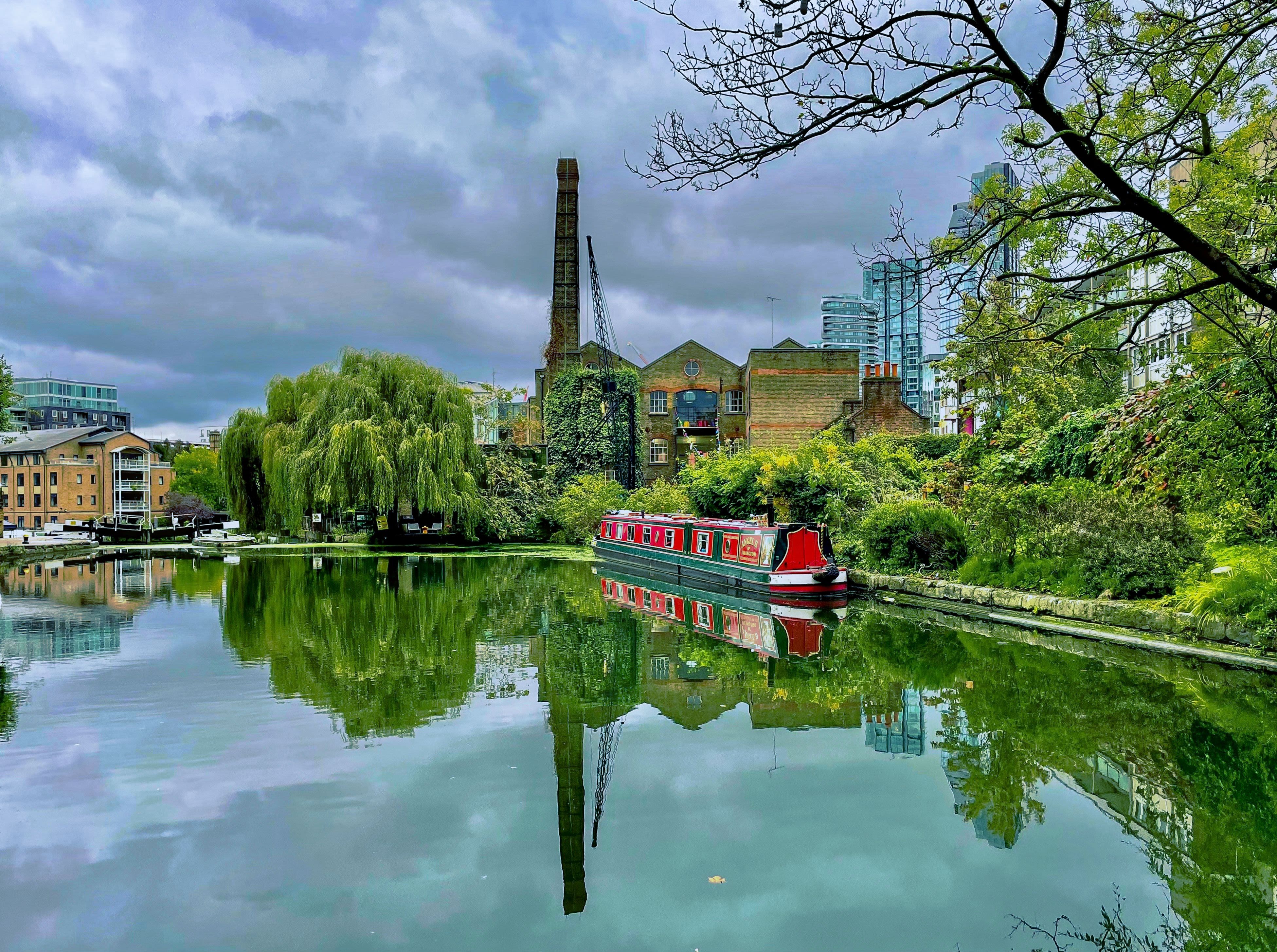a boat floating down a river next to a lush green forest