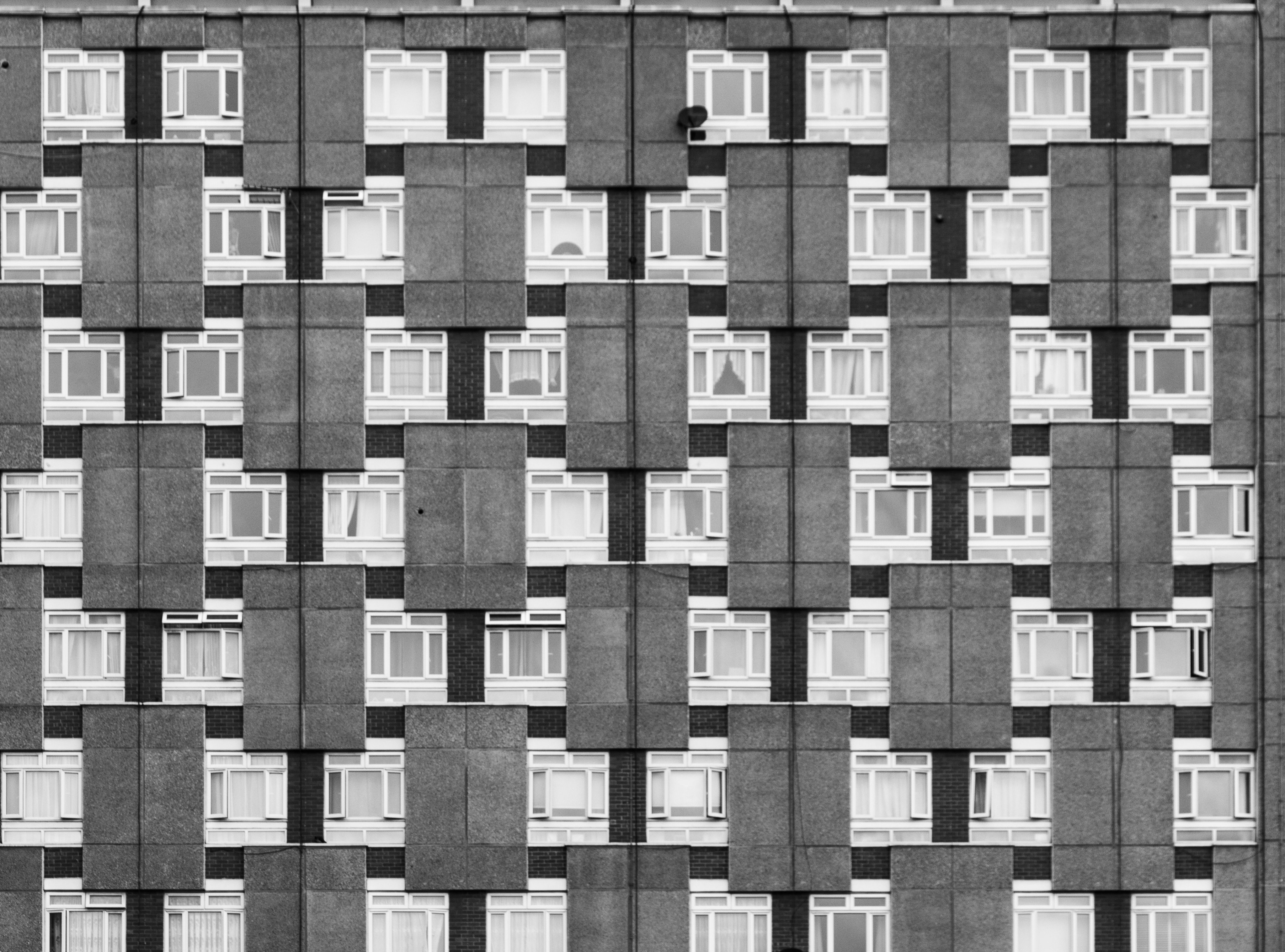 a black and white photo of a building with windows