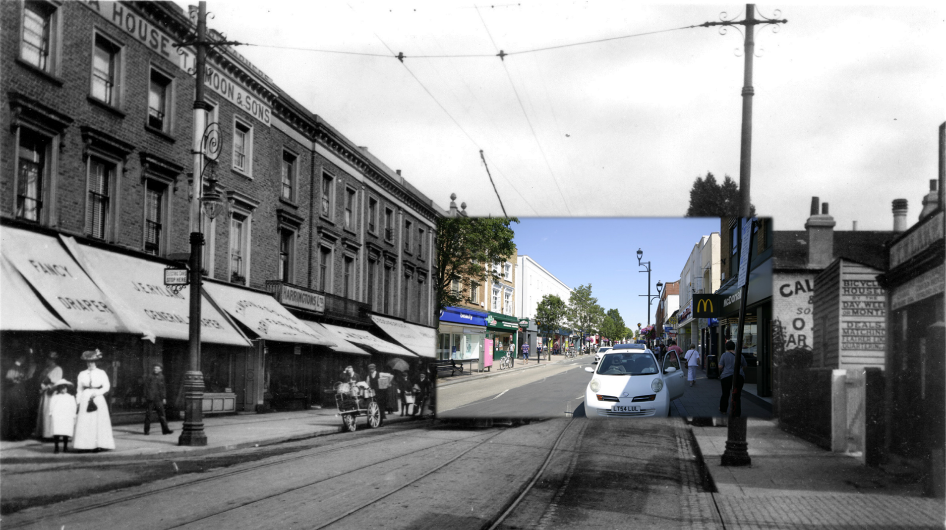 A montage combining a vintage postcard from the private collection of Dr. Ruth Davies with a contemporary photograph of the same street, showing the contrast between historical and modern views.